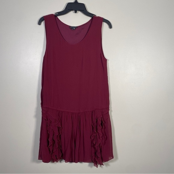 Theory Rinoe Georgette Silk Bordeau Ruffle Drop Waist Sleeveless Dress 8 - Picture 3 of 8